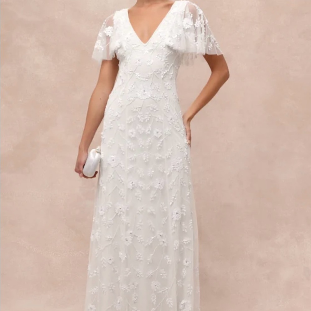 Lulu's White Flutter Sleeve V-Neck Wedding Gown
